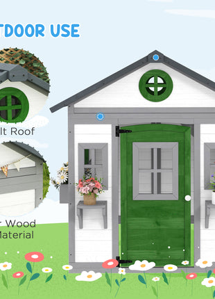 Wooden Playhouse for Kids Outdoor with Doors, Windows, Planter Pots and Boxes for Toddlers 3-8 Years, White