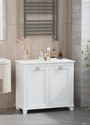 Dual Tilt out Laundry Hamper Cabinet, Bathroom Storage Cabinet with 2-Compartment Hamper, Modern Bathroom Floor Cabinet for Washroom, White