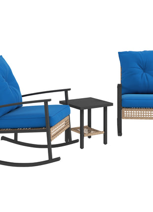3 Pieces Bistro Set, Patio Wicker Furniture Set with Button Tufted Cushions, Rattan Rocking Chairs, Coffee Table, Blue