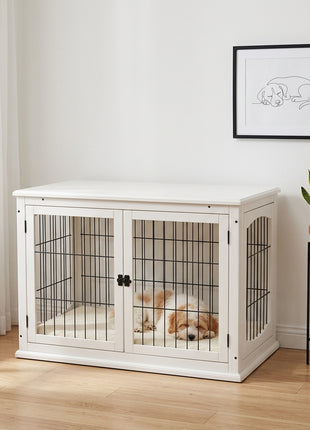 Dog Crate Furniture, 32" Small Dog Cage End Table with 2 Doors, Lockable Door, Puppy Kennel Indoor, White