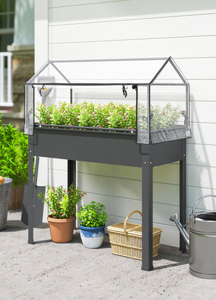 Elevated Garden Box with Greenhouse Cover, Raised Garden Bed with Legs and Drainage Hole for Vegetables, Dark Gray
