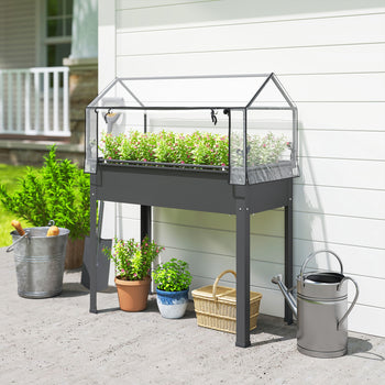 Elevated Garden Box with Greenhouse Cover, Raised Garden Bed with Legs and Drainage Hole for Vegetables, Dark Gray