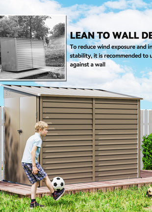 4.6' x 9' Outdoor Storage Shed, Lean to Metal Shed with Foundation Kit, Lockable Doors and Gloves for Patio, Lawn, Brown