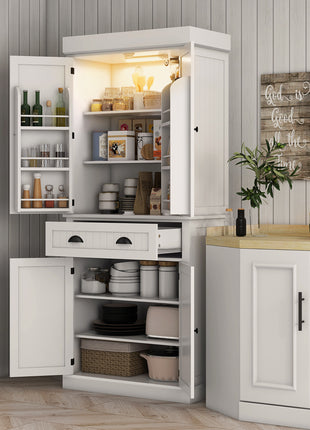 71" Kitchen Pantry Cabinet with LED Lights, 6 Door Shelves, a Drawer and 4 Adjustable Shelves, White