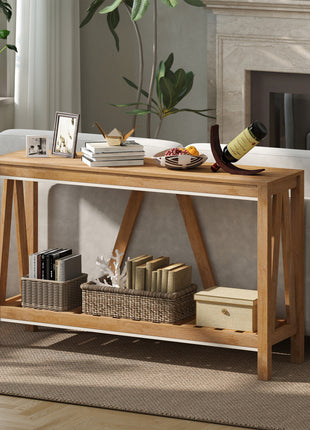 Console Table, Farmhouse Entryway Table with Storage Slatted Shelf, Rustic Sofa Table with Anti-Tipper for Living Room, Hallway, Brown
