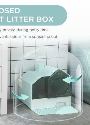 Hooded Cat Litter Box w/ Litter Mat, Litter Particle Catching, Light Blue