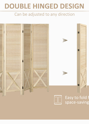 4.7' 4 Panel Wooden Room Divider with Pegboard Display, Folding Privacy Screen for Home Office, Natural