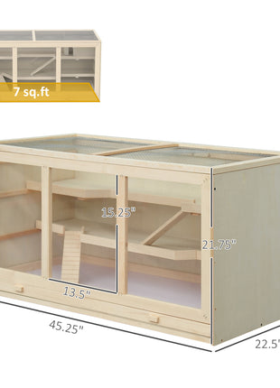 45" Extra Large Wooden Hamster Cage, 3-Layer Rat Cage with Opening Roof, PVC Window, Small Animal Habitat for Gerbil, Dwarf & Syrian Hamsters, Natural