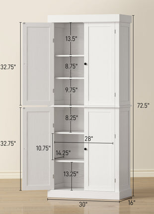 72" Kitchen Cabinet, Pantry Storage Cabinet with Doors and Shelves, Freestanding Food Pantry Cabinet, White Wood Grain