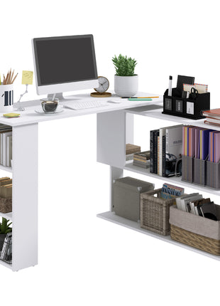L Shaped Desk, Corner Computer Desk, 360 Degree Rotating Home Office Desk with Storage Shelves, Writing Table Workstation, White