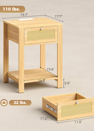 Boho Side Tables Set of 2 with Charging Station, End Tables with Drawer and Open Shelf for Living Room, Natural Wood