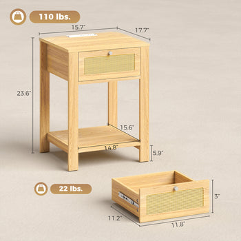 Boho Side Tables Set of 2 with Charging Station, End Tables with Drawer and Open Shelf for Living Room, Natural Wood
