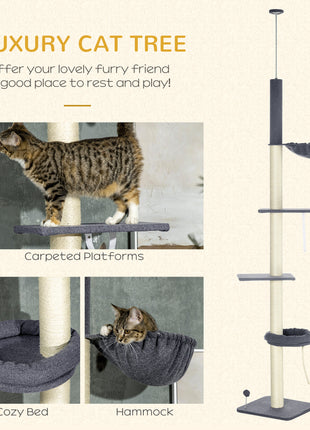 Floor To Ceiling Cat Tree, 5-Tier Cat Climbing Tower, 95''-106'' Height Adjustable with Carpeted Platforms, Cozy Bed, Hammock, Scratching Post & Toy Ball for Indoor Cats, Dark Gray and Cream