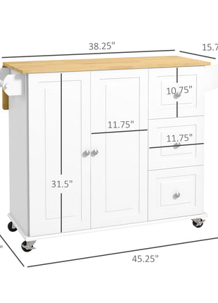 Kitchen Island with Drop Leaf, Rolling Kitchen Cart on Wheels with 3 Drawers, Cabinet, Natural Wood Top, Spice Rack and Towel Rack, White