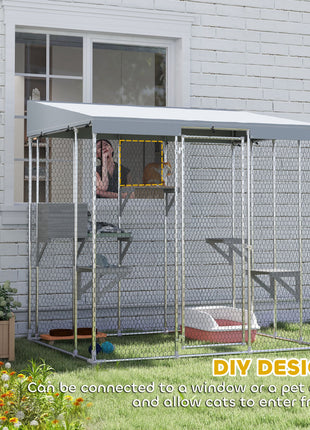 79" Galvanized Steel Large Catio with Waterproof Canopy, Sleeping Box, Jumping Platforms, for 1-3 Kittens, Silver