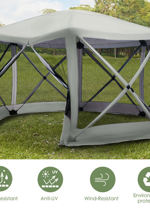 6-Sided Hexagon Pop Up Party Tent Gazebo with Mesh Netting Walls & Shaded Interior, 12' x 12', Beige