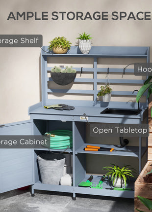 Wooden Potting Bench with Storage, Sink, Water Tap for Backyard, Patio, Balcony, Gray
