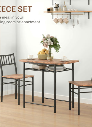 3-Piece Small Dining Table Set for 2, Kitchen Table and Chairs with Storage Rack and Steel Frame, Brown