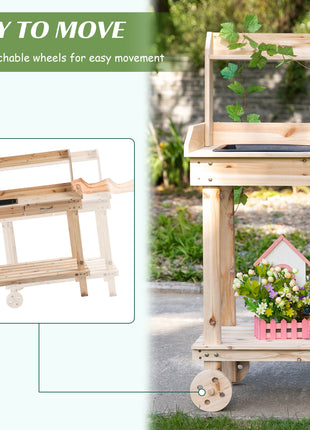 36" Wooden Potting Bench Work Table with 2 Removable Wheels, Garden Workstation with Removable Sink, Drawer & Large Storage Spaces, Natural