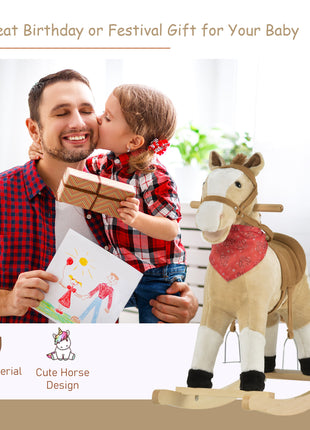 Kids Plush Ride-On Rocking Horse Toy Cowboy Rocker with Fun Realistic Sounds for Child 3-6 Years Old, Beige