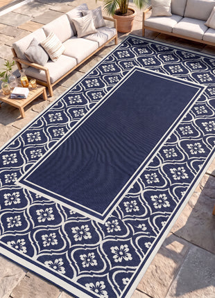 Reversible Outdoor Rug, Waterproof Plastic Straw with Carry Bag, 9' x 18', Blue & White Gourd Border