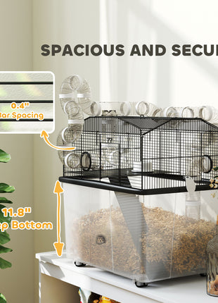 2 Tier Hamster Cage with 12" Deep Tray, Tube System, Water Bottle, Ramp, Feeding Bowl, 23" x 17" x 22", Black