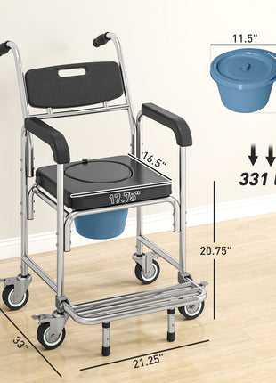 3-in-1 Shower Commode Wheelchair, Accessible Transport Commode Medical Rolling Chair, Black