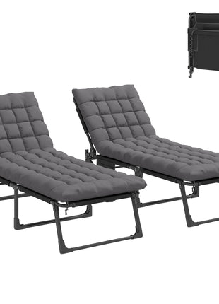 Folding Chaise Lounge Chair Outdoor Tanning Chair Set of 2 with 5-Position Backrest, Cushions, Side Pocket, Dark Gray