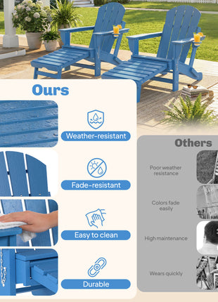 Folding Adirondack Chair Set of 2, HDPE Fire Pit Chair with Retractable Ottoman and Cup Holder, Blue