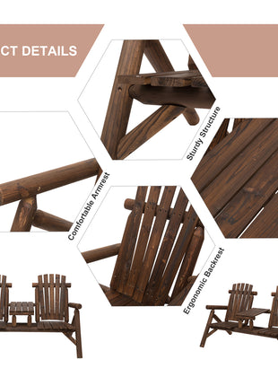 Wood Adirondack Patio Chair Bench with Center Coffee Table, Perfect for Lounging and Relaxing Outdoors Carbonized
