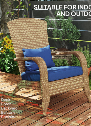 Patio Adirondack Chair with Rattan Wicker, Soft Cushions, Tall Curved Backrest for Deck or Garden, Dark Blue