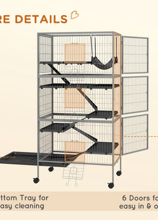 63" H Rolling Small Animal Cage with Hammock, Ferret Cage, Chinchilla Cage, Pet Habitat with 6 Doors, Removable Tray