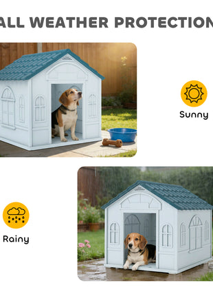 Plastic Dog House for Medium and Small Dogs, Water Resistant Puppy Shelter Indoor Outdoor with Door, Easy to Assemble, Blue