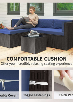 3 Piece Patio Furniture Set, Wicker Outdoor Patio Conversation Furniture Set with Cushions, Glass Top Table, Navy Blue