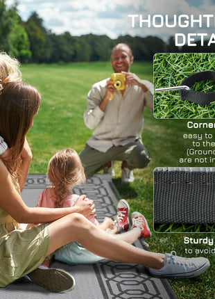 RV Mat, Outdoor Patio Rug / Large Camping Carpet, 9' x 18', Waterproof Plastic Straw, Reversible, Black & Gray Border