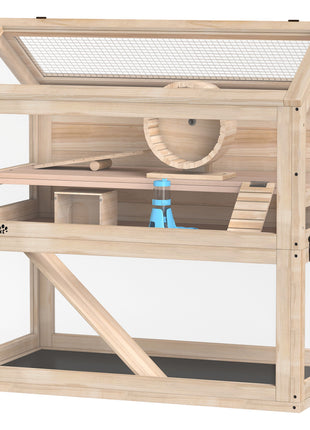 Wooden Hamster Cage, 3-Tier Small Animal Cage with Hut, Seesaw, Ramps, Exercise Wheel, Acrylic Panel and Bottom Tray