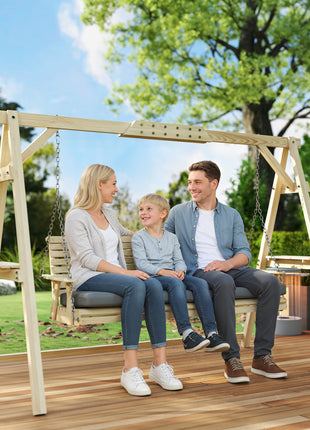 3 Seat Wooden Porch Swing with Stand, Patio Swing with Cushion, for Garden, Poolside, Backyard, Natural Wood