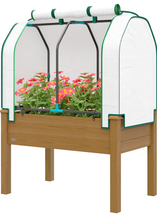 Raised Garden Bed with PE Greenhouse Cover Outdoor Planter Box for Herbs and Vegetables, 35 x 22 x 47 inch, Brown
