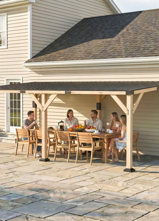 10' x 20' Wooden Gazebo, Hardtop Lean-to Gazebo Pergola with Galvanized Steel Sloped Roof, Light Walnut