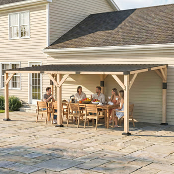 10' x 20' Wooden Gazebo, Hardtop Lean-to Gazebo Pergola with Galvanized Steel Sloped Roof, Light Walnut
