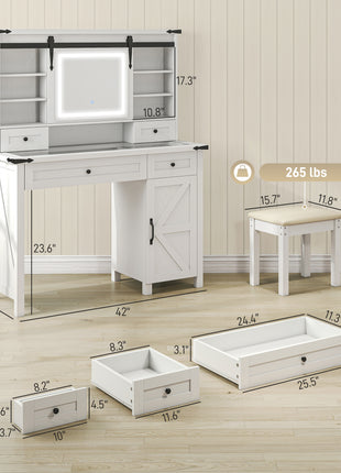 Vanity Desk Set with Mirror and Lights, Cushioned Stool, Storage Drawer, Cabinet, Shelves for Bedroom, White