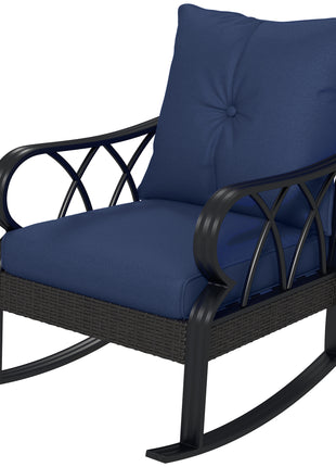 Outdoor Wicker Rocking Chair with Padded Cushions, Aluminum Furniture, Rattan Porch Rocker Chair w/ Armrest, Navy Blue