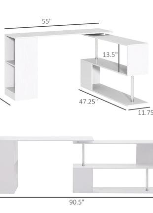 55" 360° Rotating Corner Computer Desk Modern L-Shaped Home Office Workstation with 3-Tier Storage Shelves, Bookshelf, White