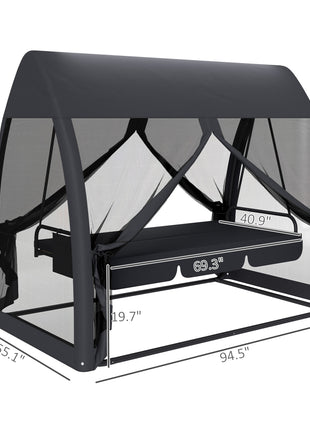 3 Seat Outdoor Swing Chair Convertible Covered Day Bed with Canopy, Mesh Netting, Steel Stand for Garden, Patio, Gray