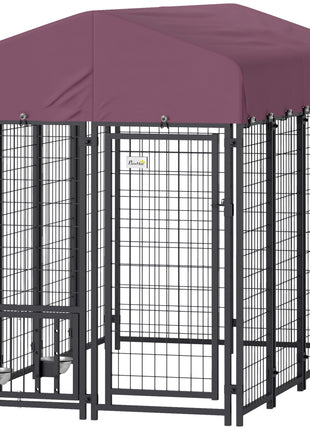 Welded Wire Outdoor Dog Kennel with 360° Rotating & 4 Levels Adjustable Bowls, Waterproof Cover, 7.9' x 4' x 6'