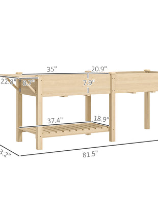 Wood Raised Garden Box, Elevated Garden Bed with Side Table, Bottom Shelf, Bed Liners and Drainage Holes, Natural