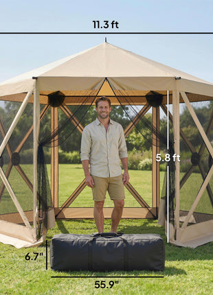 10 x 11 ft Pop Up Gazebo Screen Tent, Portable Instant Camping Canopy Screen House with Nettings, Carry Bag, Beige