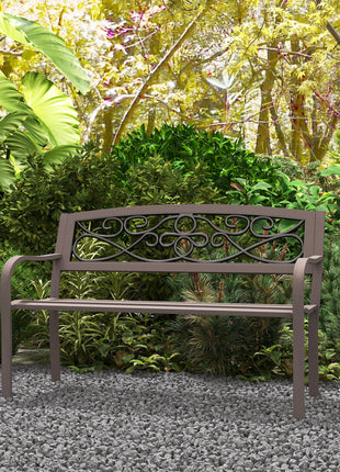50" Outdoor Bench, Metal Garden Bench with Floral Pattern Backrest, Porch Bench with Slatted Seat for Park, Yard, Lawn, Brown