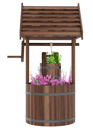 Wood Wishing Well for Outside with Hanging Bucket, Wishing Well Planter with Drain Hole for Garden Patio, Carbonized
