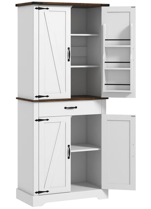 71" Tall Kitchen Cabinet, Farmhouse Pantry Cabinet w/ Barn Doors, 6 Shelves w/ 2 Doors, Drawer and Adjustable Shelves, White